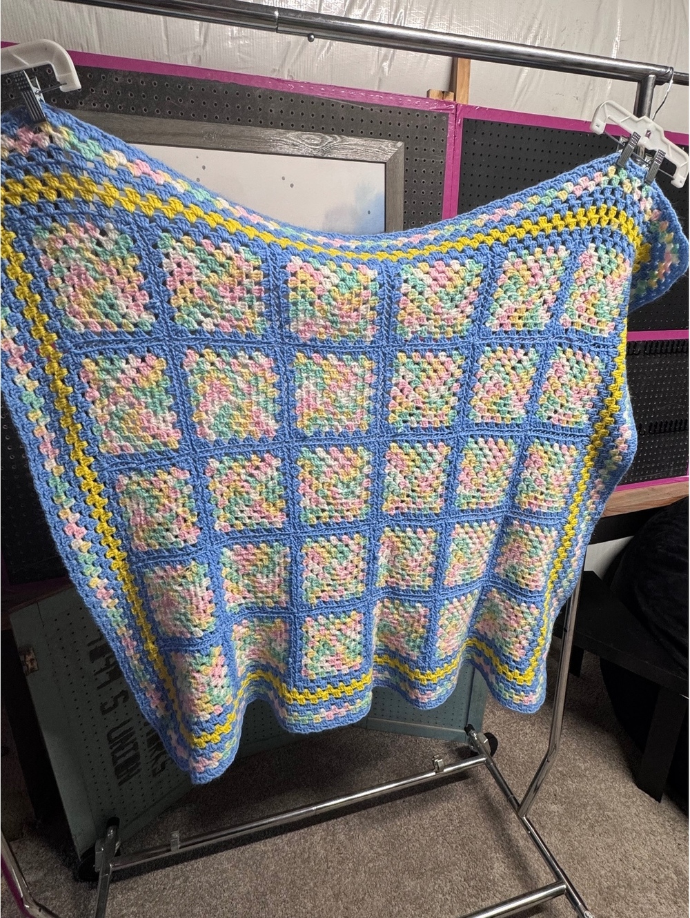 Handmade Crochet Granny Square Blanket Blue Pink Mint Yellow 41x39 Afghan Throw